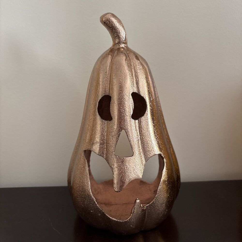 Metallic Rose Gold Metal Jack-o-Lantern Halloween Tea Light Holder